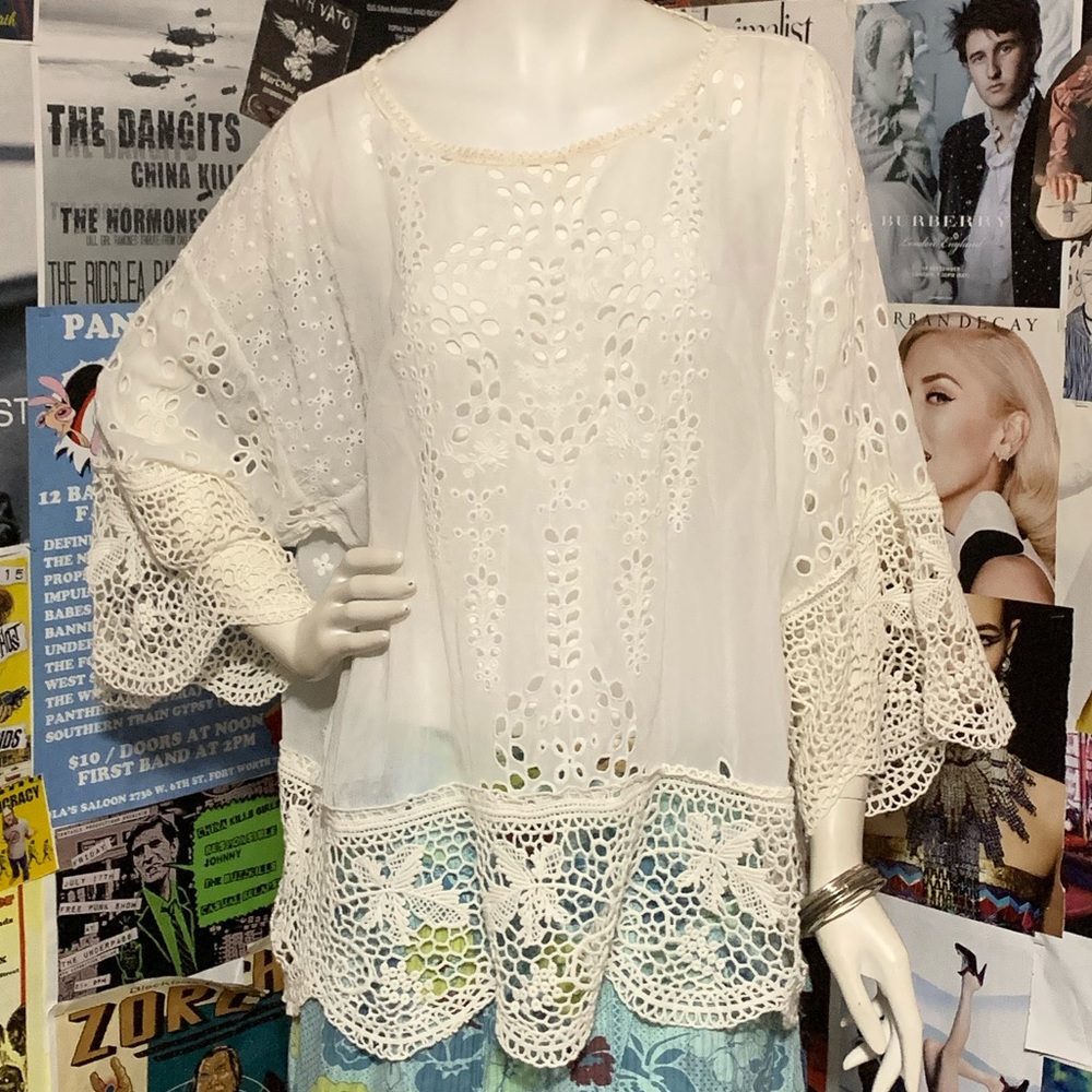 Johnny Was White Crochet-Trimmed Top w/ 3/4 Slv